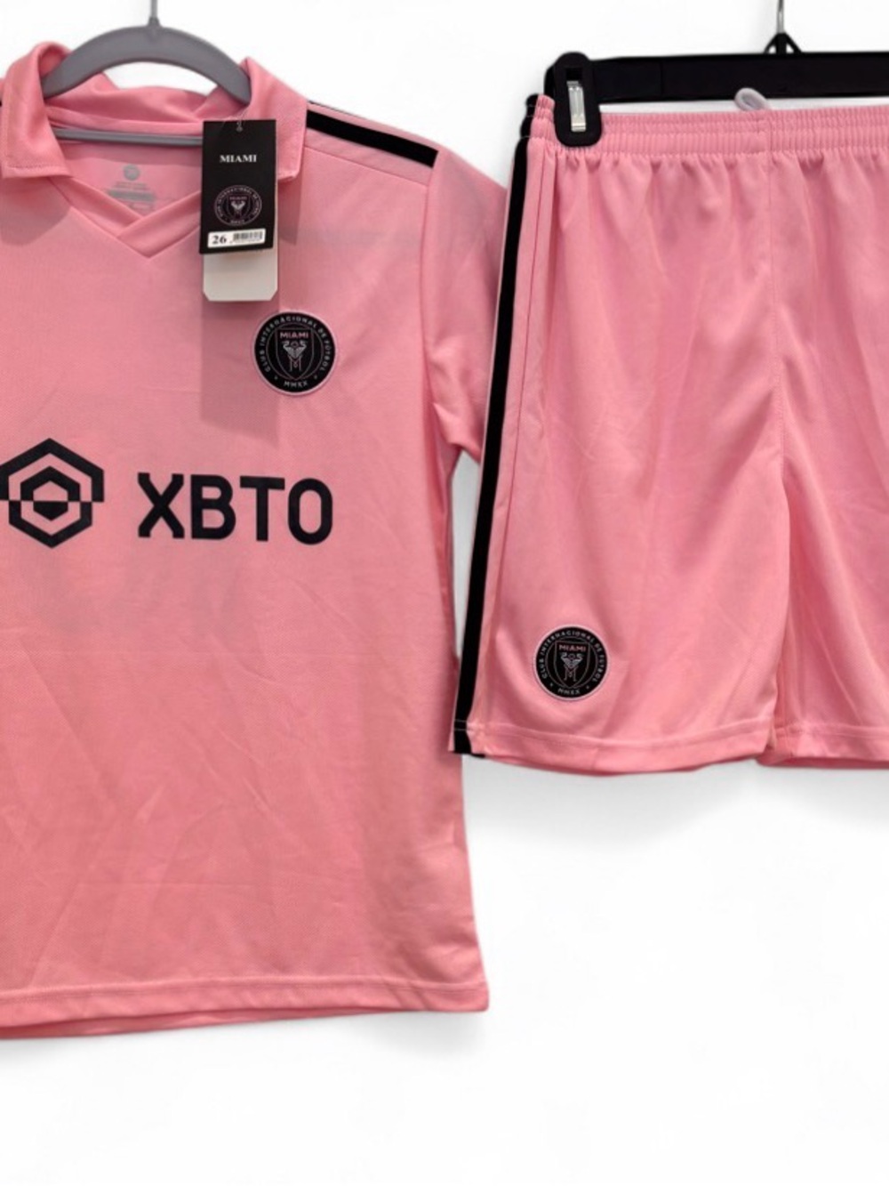 miami Pink Soccer Set Jersey & Shorts with Black Tag and Embroidered Crest